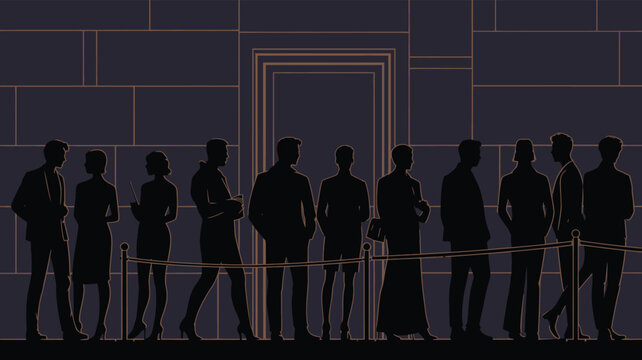 People standing in line queue wait outside entrance building in flat silhouette style waiting