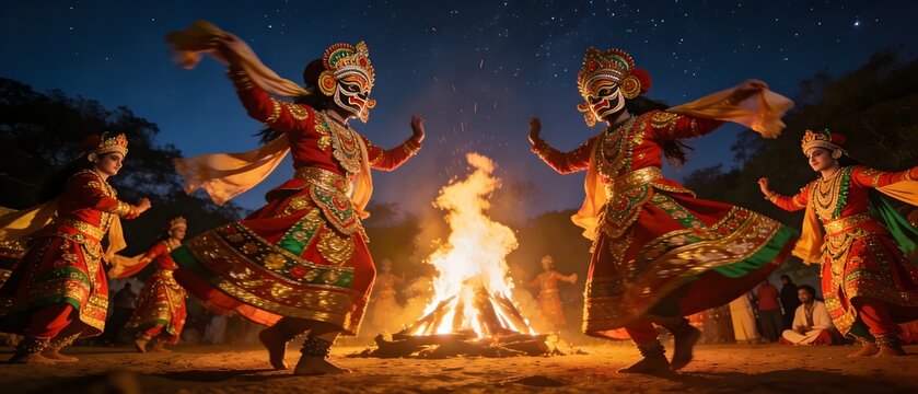 Chhau dancers perform masked folk dance around bonfire at night under stars