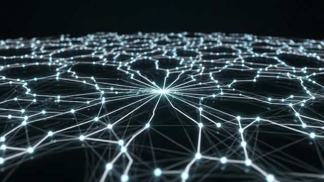 Glowing blue light points connected by thin lines create futuristic network connection technology digital data communication web internet abstract glowing mesh system cyberspace virtual interface
