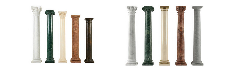 Obraz premium Five tall classical architectural columns in different stone textures isolated on transparent background