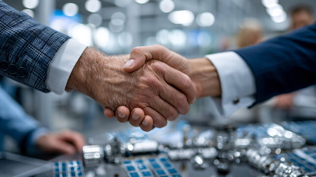 Close-up of senior aerospace investor hands in tailored suit sleeves shaking hands with younger entrepreneur hands across exhibition table beside scale model orbital refueling depo