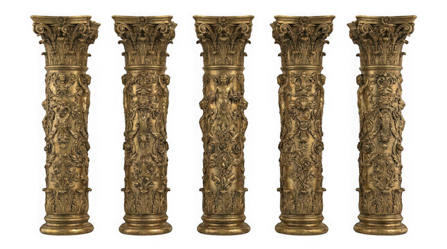 Five golden baroque style decorative pillars with intricate floral carvings isolated on transparent background