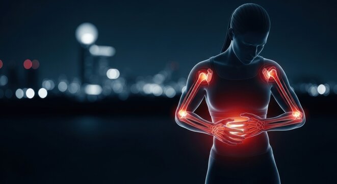 Woman Suffering from Joint and Abdominal Pain Illuminated by City Lights at Night.