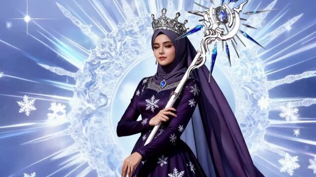 Ice Queen with Magic Staff and Snowflakes in Glowing Fantasy Background