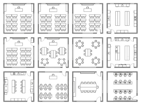 CAD Floor Plan Layouts for Various Office and Classroom Configurations