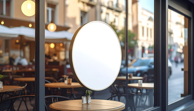 Blank circular sign on a cafe window, empty space for text or logo, restaurant storefront exterior view