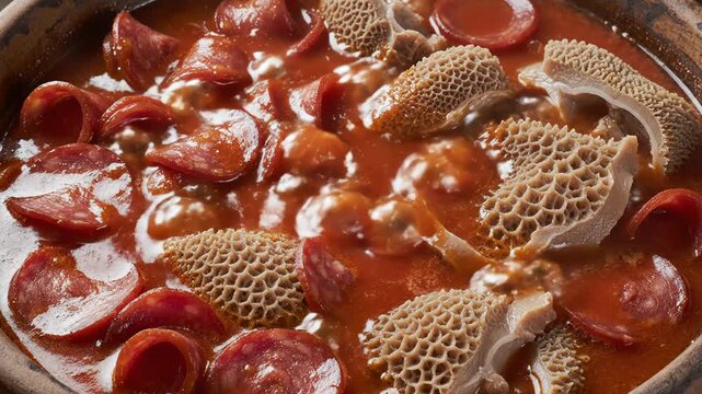 Close-up of sliced spicy pepperoni and honeycomb beef tripe simmering in a rich, bubbling red tomato sauce inside a rustic clay pot, focusing on the intricate textures and steam.