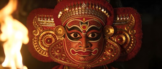 Fototapeta premium Traditional Chhau dance mask glowing in firelight during Indian festival