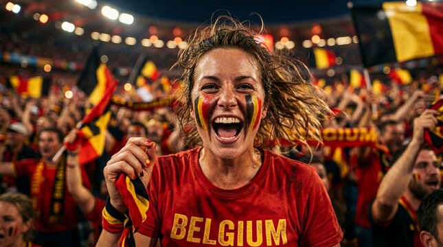 A vibrant, close-up portrait of an ecstatic Belgian football fan cheering amidst a sea of supporters in a packed stadium.