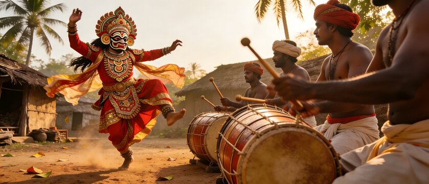 Traditional Chhau dancer performing with drummers in a Bengal village