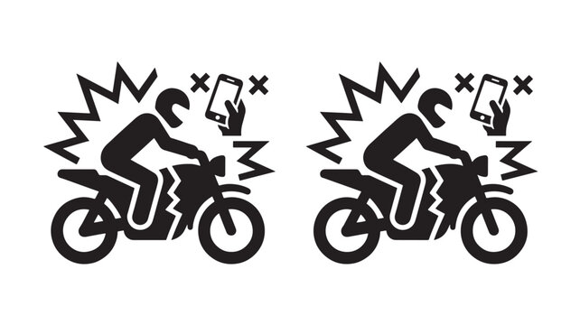 Motorcycle Accident Icon Set with Impact Burst, Broken Phone Marks, and Skidding Rider Silhouette for Road Safety Awareness