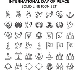 Fototapeta premium Peace Icons Set with Solid Line Drawings and Symbols for International Day of Peace Featuring Dove, Heart, Candle with Globe and Laurel Elements For