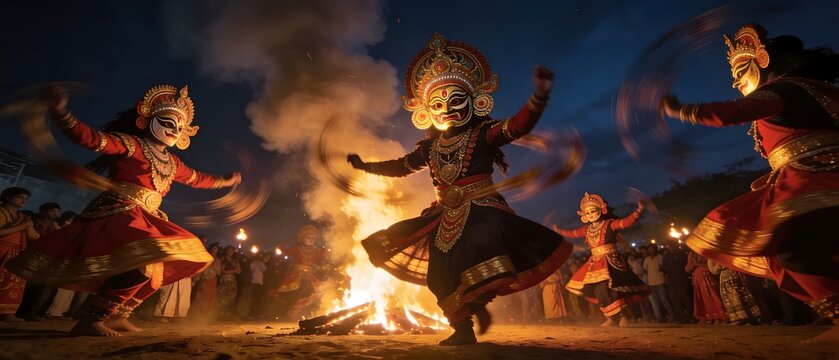 Traditional Chhau dancers performing with masks around a bonfire at night