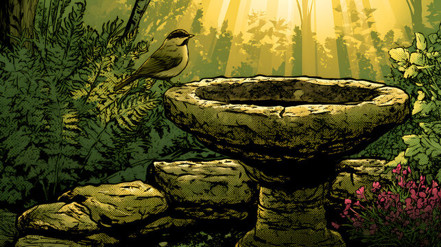 Comic book style cottage garden scene with stone bird bath and charming outdoor poster