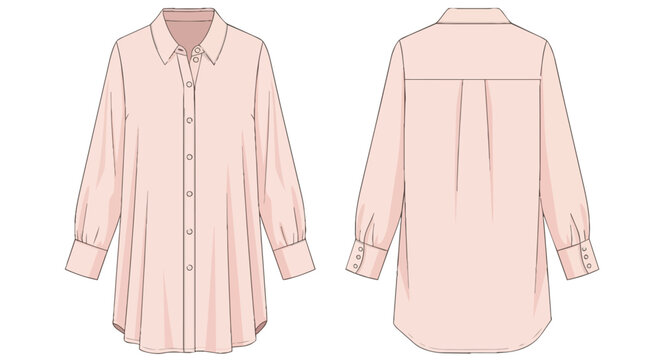 Women's Long Sleeve Button Down Shirt Technical Flat Sketch Front and Back View in Light Pink Illustration