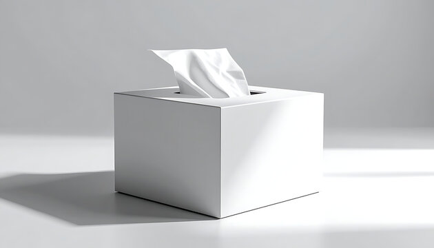Isolated white tissue box with a crumpled tissue peeking out, casting a shadow on a clean, lightly lit surface, conveying simple care and comfort