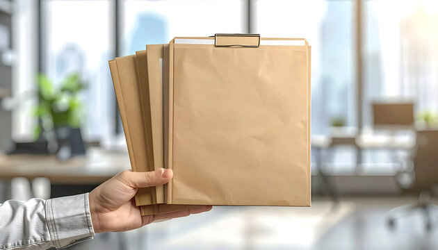 Hand holding a stack of brown envelopes and folders in a modern office with natural light