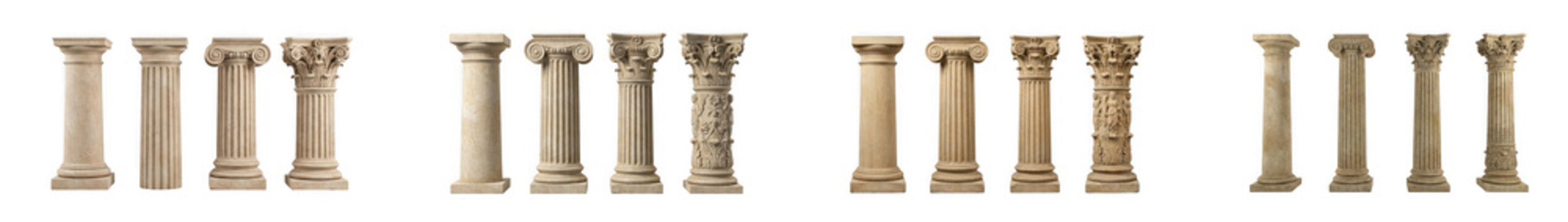 Collection of classical white marble architectural columns and pillars isolated on transparent background