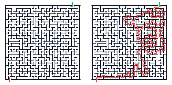Classic square block maze puzzle game and answer path educational activity page for children printable logic worksheet vector design