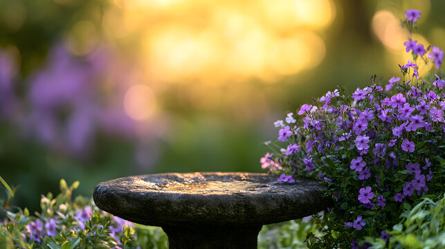 Cottage garden water feature with stone bird bath and sunlit wildlife friendly charm