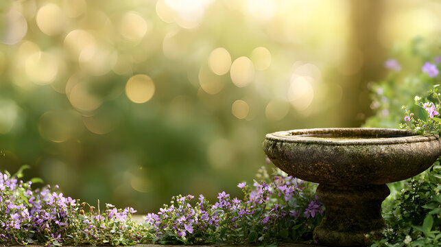 Cottage garden water feature with stone bird bath and sunlit wildlife friendly charm