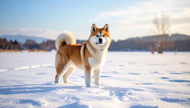雪原に凛々しく立つ秋田犬の全身写真・冬の青空と山を背景に威風堂々とした日本犬の姿