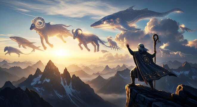 Majestic sorcerer standing on a mountain peak looking at glowing magical animals soaring above clouds