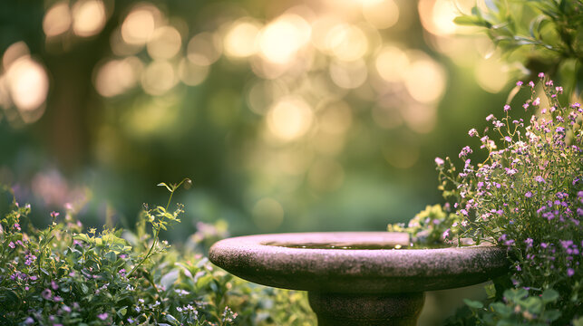 Cottage garden water feature with stone bird bath and sunlit wildlife friendly charm