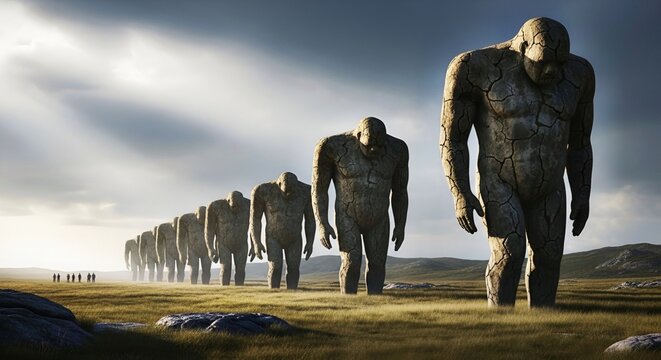 Majestic army of monolithic rock golems walking under dramatic sunbeams and storm sky