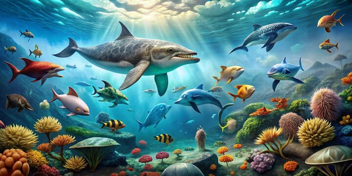 A vibrant underwater realm teeming with diverse marine life, showcasing playful dolphins, majestic sharks, and colorful coral formations bathed in sunlight