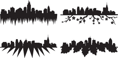 Obraz premium City skyline silhouettes icons set in black solid style with nature and geometric elements