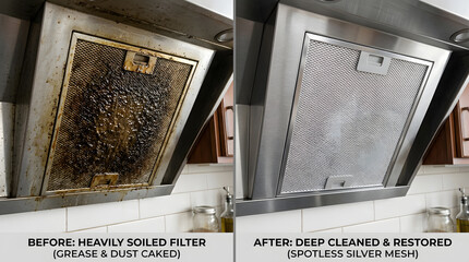 Obraz premium Before and After Kitchen Range Hood Filter Cleaning | Deep Cleaned Grease and Grime Removal | Professional Home Appliance Maintenance and Restoration | Spotless Stainless Steel Mesh Results | Hygienic