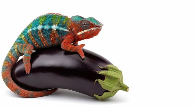 vibrant chameleon furcifer pardalis ambilobe resting securely on a large smooth dark purple eggplant isolated