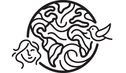 Globe Stylized with Bird and Face Illustration in Black and White Featuring World, Map, Design with Creative and Artistic Elements for Abstract, © MissBeauty