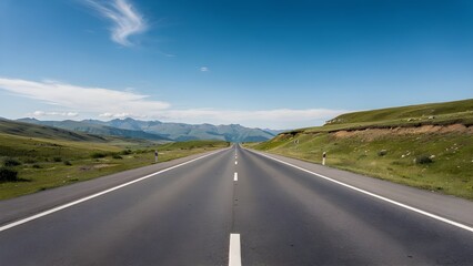 Fototapeta premium Empty asphalt road stretching through green hills toward distant mountains under a blue sky