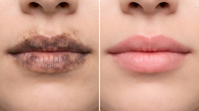 Before and After Lip Hyperpigmentation Treatment Results | Professional Dermatological Skin Care Comparison | Dark Lips Lightening and Neutralization Procedure | Healthy Pink Lips Transformation