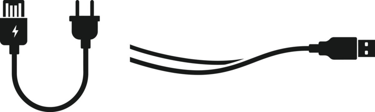 Cable silhouettes showing power plug ethernet and usb connectors, Cable icons for electronic charging and data transfer, Cable vector graphics featuring various port and plug shapes.