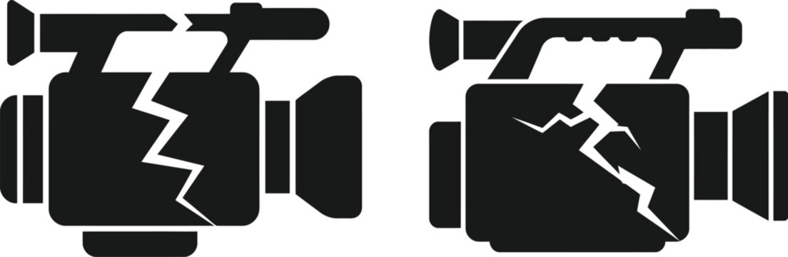 Video camera broken silhouettes with body cracks, Camcorder icons for damaged or out of order gear, Film camera graphics showing fractured device bodies.