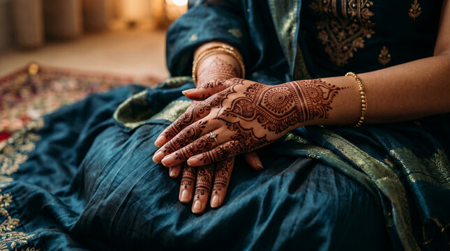 Detailed view of intricate henna mehndi patterns on a woman's hands, dressed in a luxurious teal and gold embroidered ethnic outfit with gold bangles for a traditional South Asian wedding.
