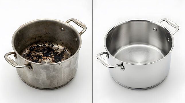 Burnt Stainless Steel Pot Before and After Cleaning Comparison | Dirty Scratched Cookware versus Shiny Polished New Pot | Professional Kitchen Maintenance and Restoration Service Results