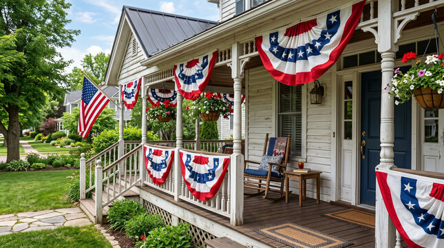 Patriotic American front porch decorated with red, white, and blue bunting and flags for Independence Day. Cozy wooden porch with a rocking chair, flowers, and a festive summer holiday vibe.
