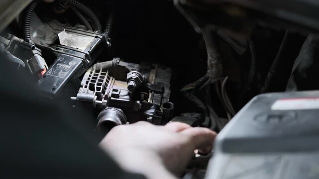 Close Up of Auto Mechanic Hands Repairing and Fixing Car Engine under the Hood in a Garage Workshop