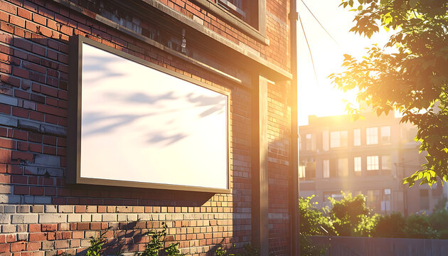 Empty window frame on weathered brick building exterior, bathed in warm golden hour sunlight, soft clouds reflected in glass, urban scene detail