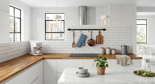 Modern minimalist kitchen with large wooden tabletop in the foreground, generated AI