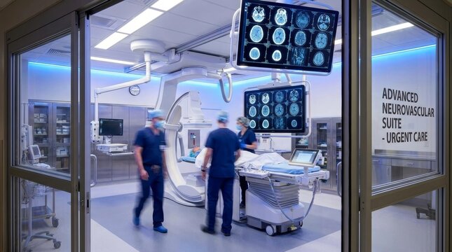 Medical team in motion inside an advanced neurovascular urgent care suite with brain imaging monitors