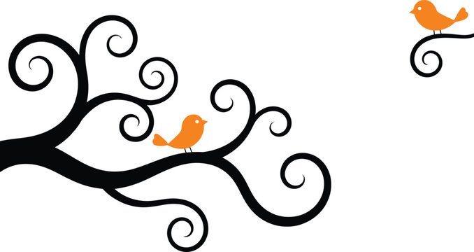 orange birds sitting on black tree branch with swirling twigs decorative illustration