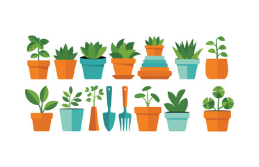 Fototapeta premium Indoor gardening illustration featuring potted houseplants, garden tools, decorative planters, botanical collection and home plant care concept