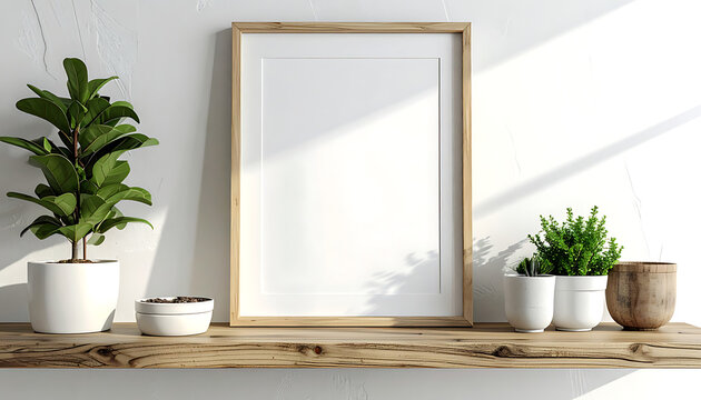 Empty wooden frame on a rustic shelf with potted plants, soft sunlight and shadows, natural home decor mockup