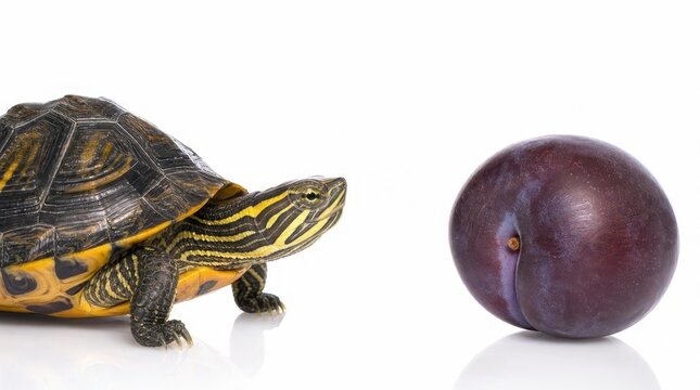 yellow bellied slider turtle looking at a single large smooth purple plum isolated on a bright white background