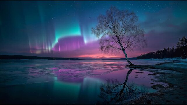 Northern Lights light up the sky above the frozen lake. Colors dance and reflect on the ice as a lone tree stands in the foreground at dusk.